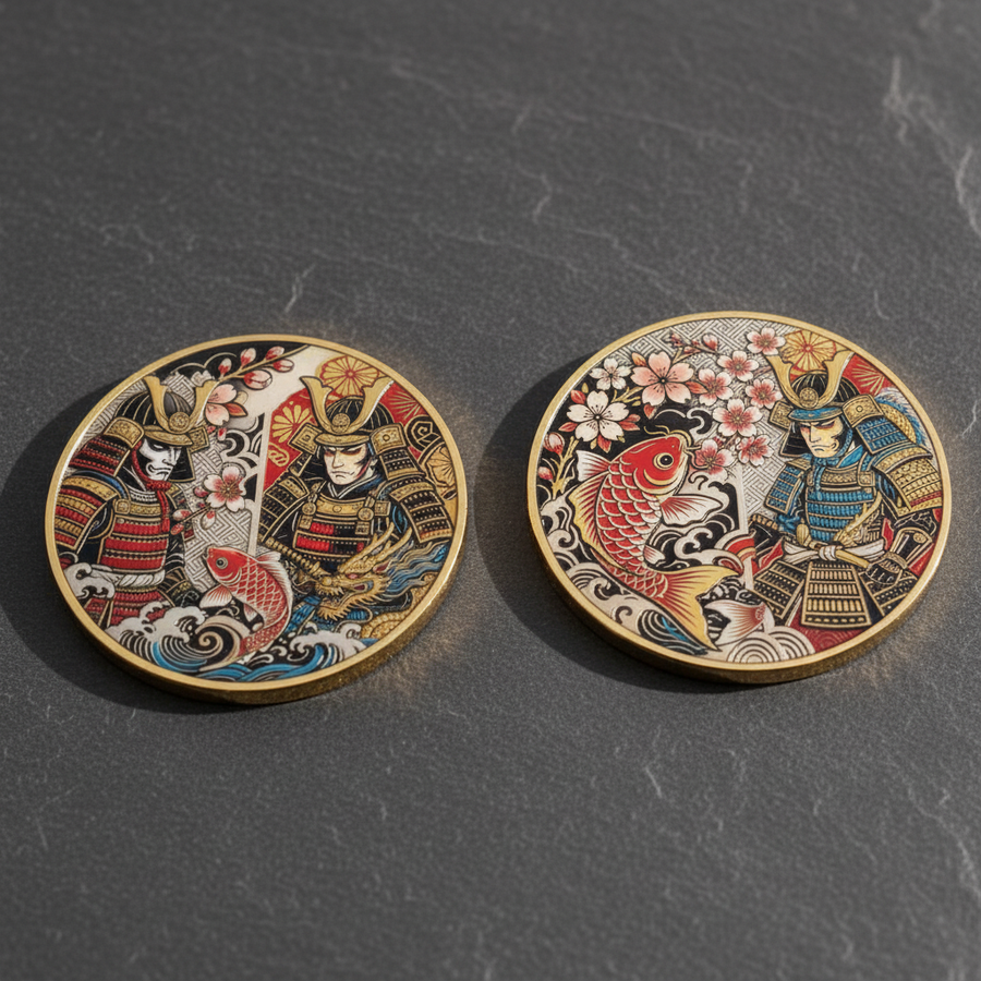 Samurai koi fish and dragon Japanese mythology collectible coin both sides displayed on dark slate surface natural lighting available