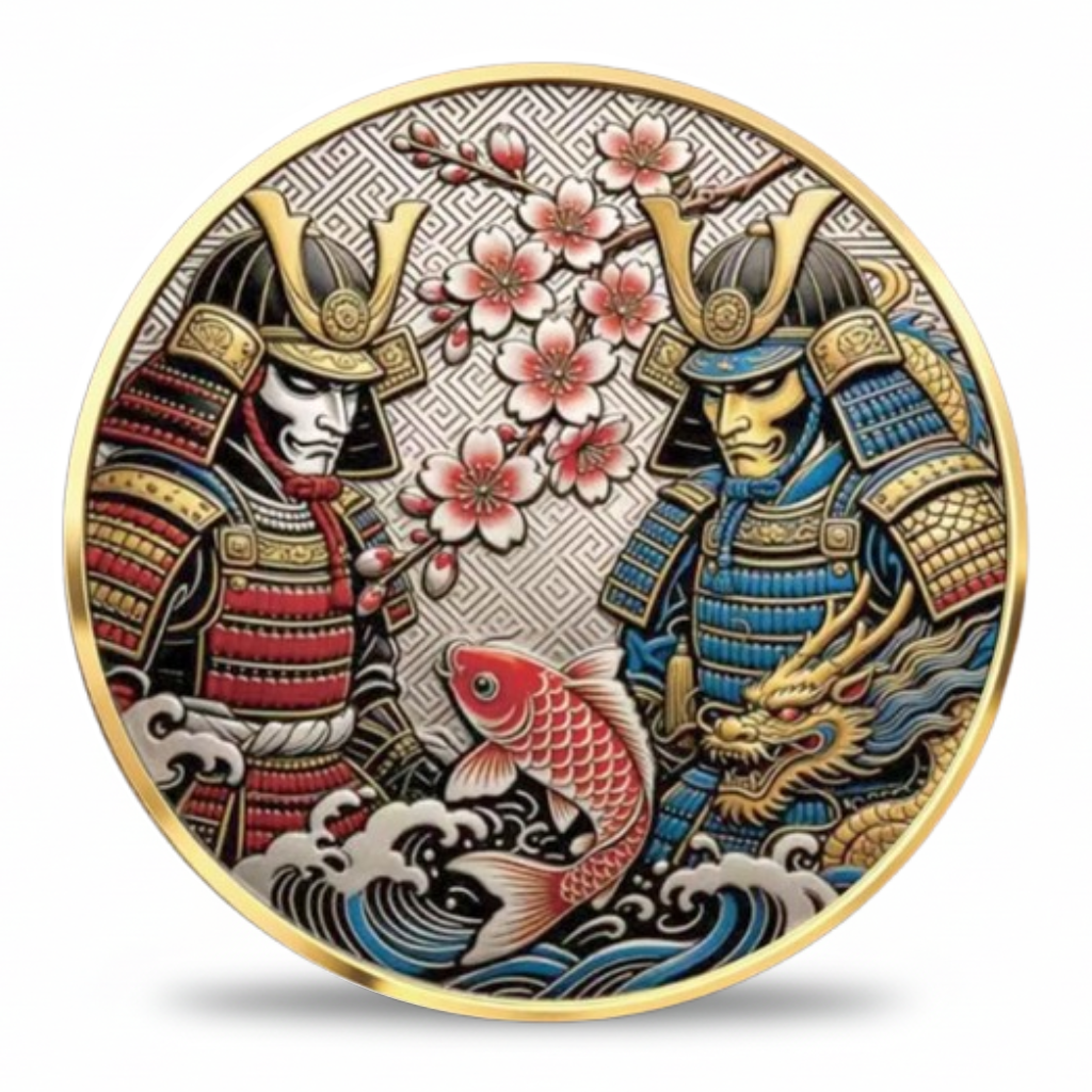 Dual samurai warriors koi fish and dragon Japanese mythology collectible coin with cherry blossoms and ocean waves enamel design available at One More Coin store

