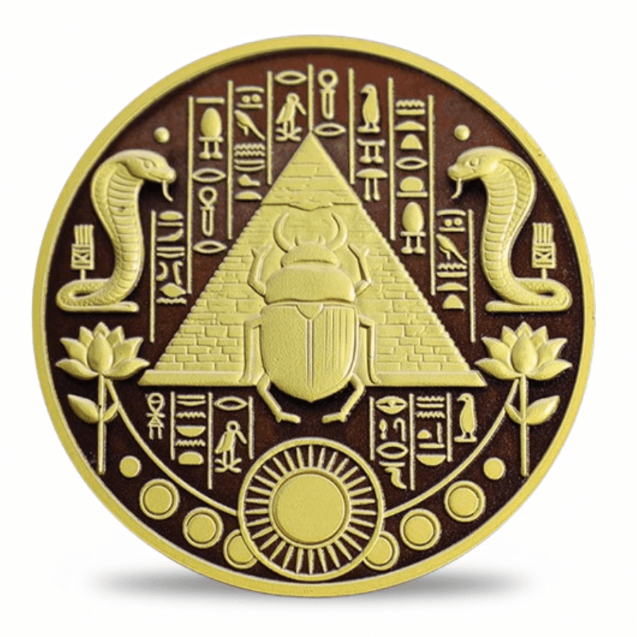 A circular gold-toned coin featuring an Egyptian design with a central pyramid and scarab beetle, flanked by cobras, lotus flowers, and hieroglyphic symbols on a dark brown background.