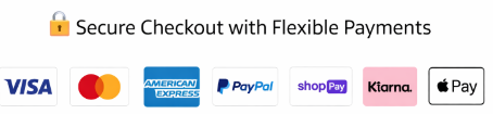 Secure checkout with flexible payment methods including Visa Mastercard American Express PayPal Shop Pay Klarna and Apple Pay
