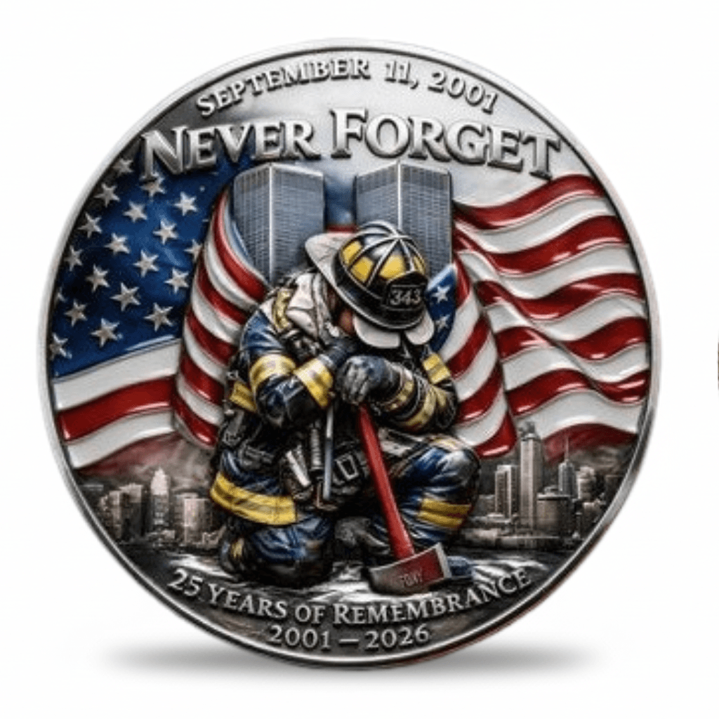 September 11 Never Forget 25 Years of Remembrance firefighter commemorative collectible coin gift for collectors available at One More Coin store