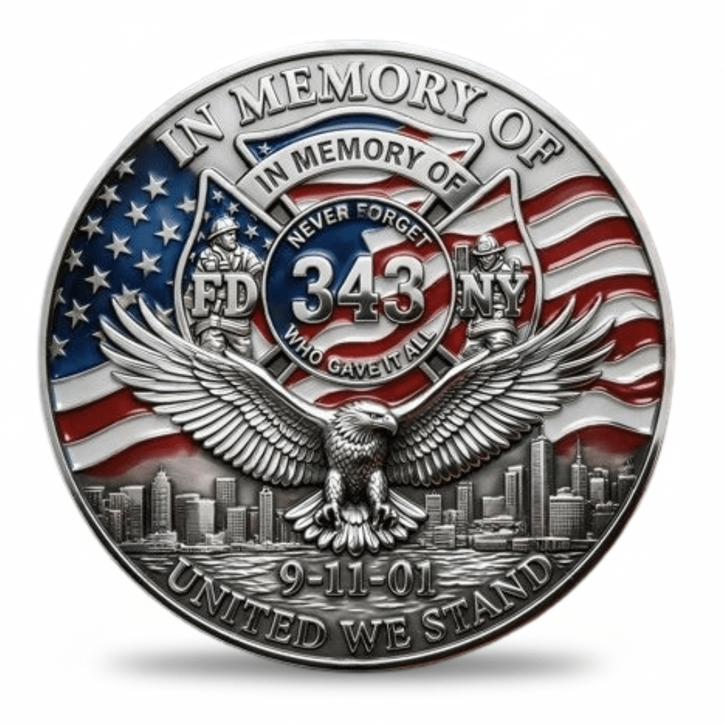 Memorial coin with American flag, eagle, and text 'In Memory of 343 Who Gave All', featuring 9/11 theme.
