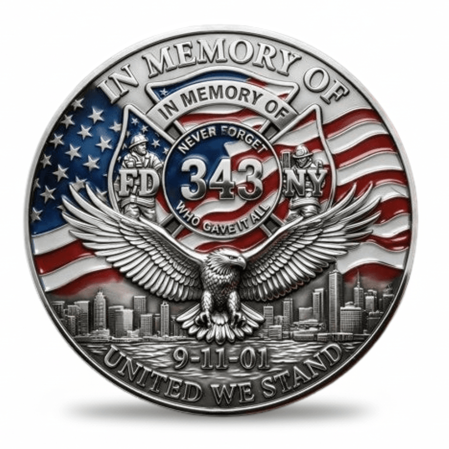 Memorial coin with American flag, eagle, and text 'In Memory of 343 Who Gave All', featuring 9/11 theme.