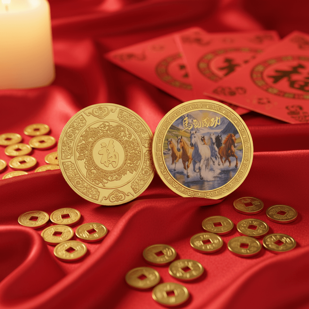 Seven horses and Fu fortune Chinese lucky collectible coin token set displayed with flowers and coins on a red silk background