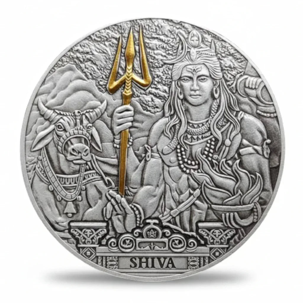 Shiva God of Destruction commemorative collectible coin Hindu deity trishul third eye Nandi bull meditation available at One More Coin store
