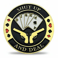 Shut Up and Deal royal flush poker commemorative collectible coin with crossed revolvers gift for card players available at One More Coin store

