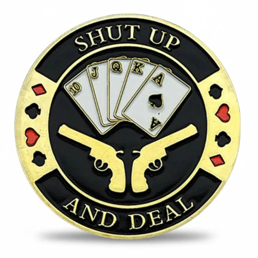Shut Up and Deal royal flush poker commemorative collectible coin with crossed revolvers gift for card players available at One More Coin store
