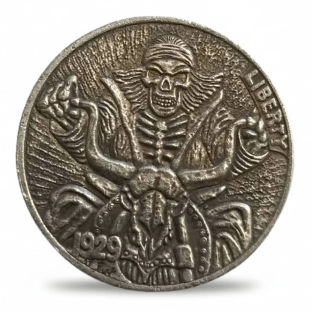 Skeleton bull rider hobo nickel collectible coin with skull figure riding bull design gift for collectors available at One More Coin store

