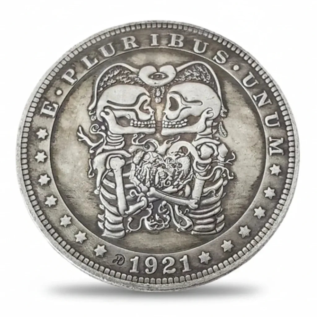 Skeleton lovers hobo coin Gothic collectible memento mori skull art Morgan dollar 1921 available at One More Coin store
