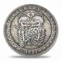 Skeleton lovers hobo coin Gothic collectible memento mori skull art Morgan dollar 1921 available at One More Coin store

