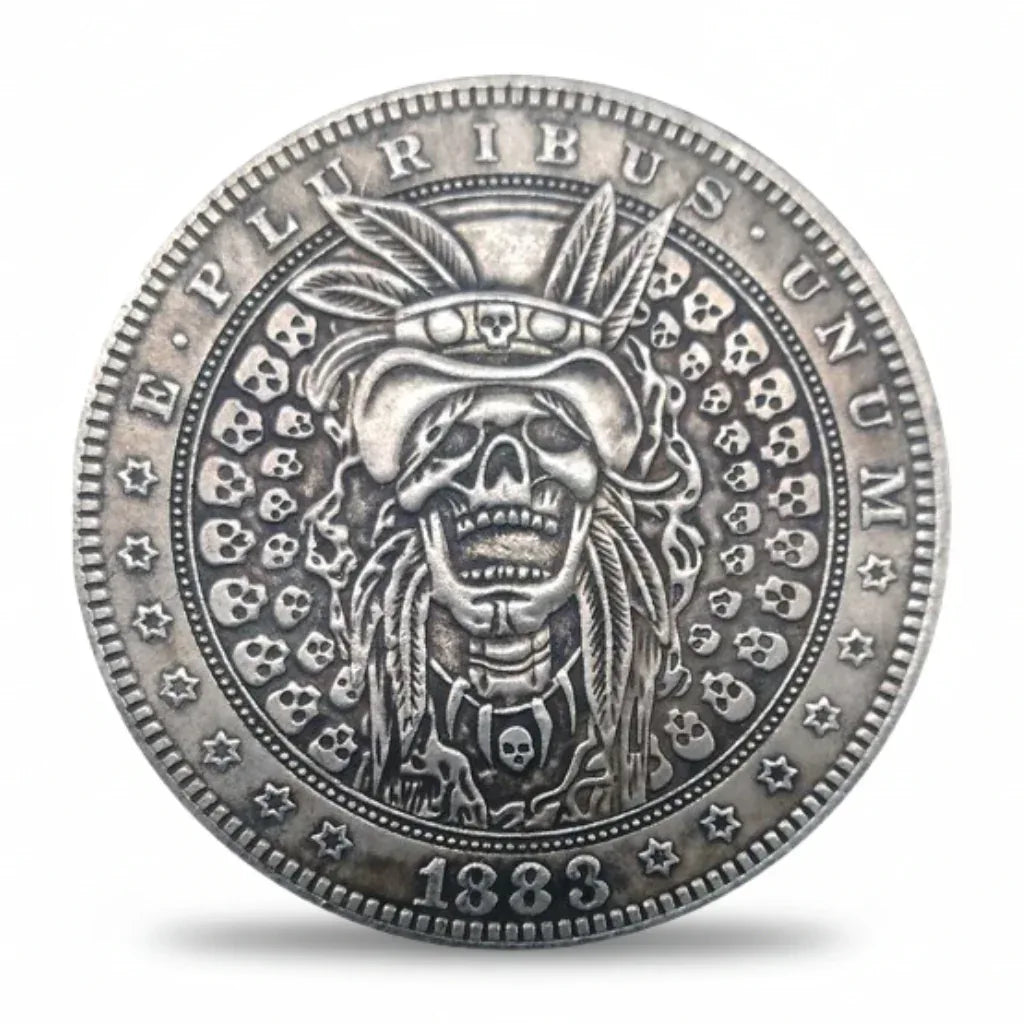 Skull chief hobo nickel collectible coin with feathered headdress and skull field antique silver Gothic folk art gift for collectors available at One More Coin store
