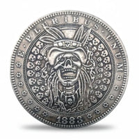 Skull chief hobo nickel collectible coin with feathered headdress and skull field antique silver Gothic folk art gift for collectors available at One More Coin store
