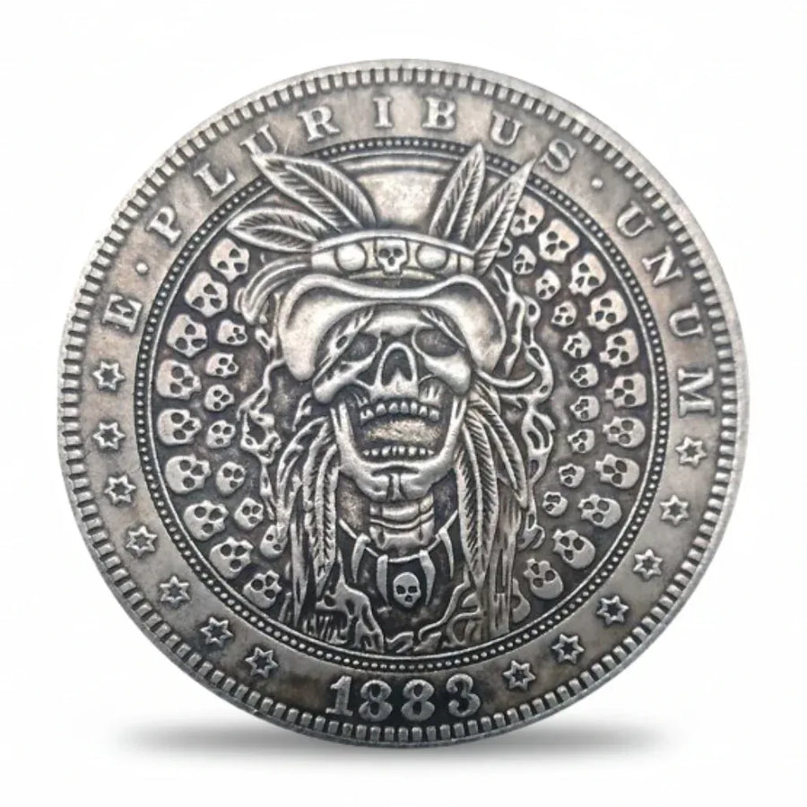 Skull chief hobo nickel collectible coin with feathered headdress and skull field antique silver Gothic folk art gift for collectors available at One More Coin store

