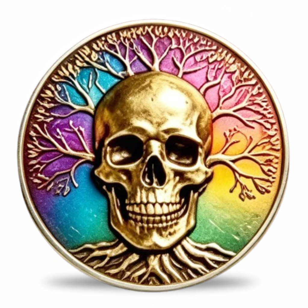 Skull Tree of Life rainbow enamel gothic collectible coin token with iridescent teal violet and amber background stoic design
