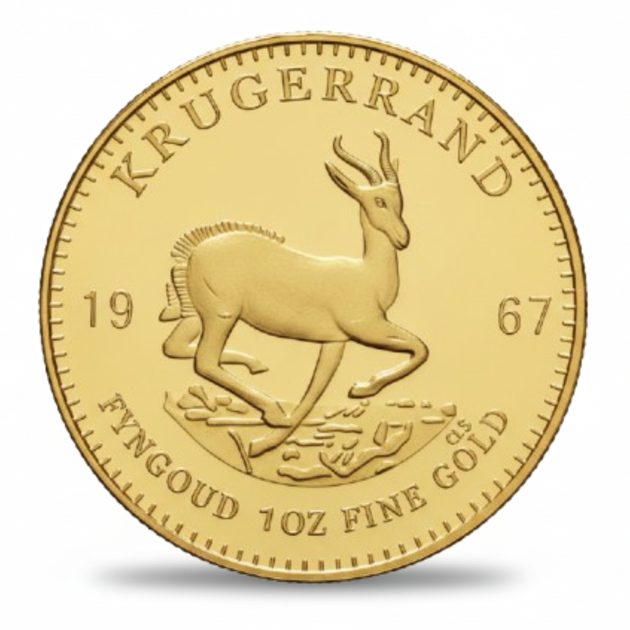 South African 1967 Krugerrand springbok antelope reverse Fyngoud 1oz Fine Gold gold-tone historical collectible coin token
