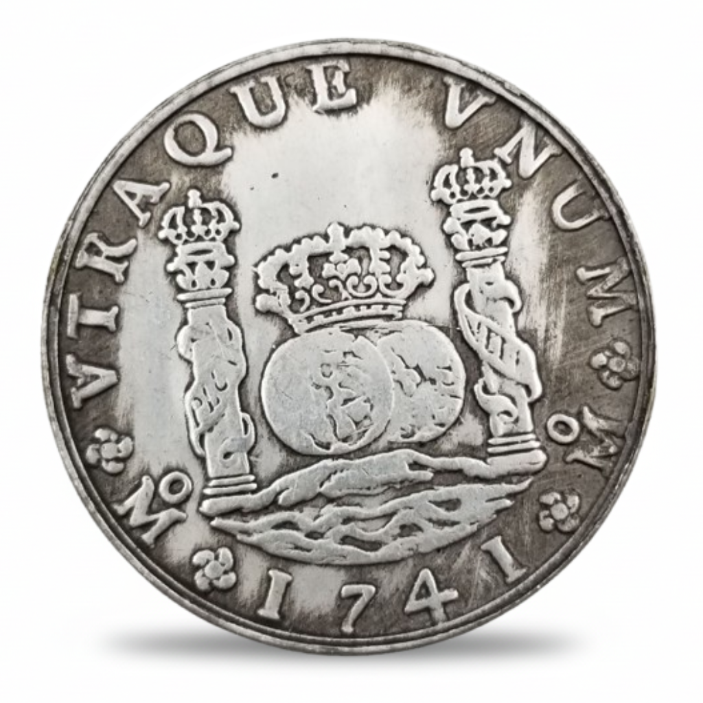 Spanish 1741 Pillar Dollar 8 Reales Columnario replica coin obverse Pillars of Hercules twin globes Mexico City mint colonial collectible available at One More Coin store
