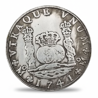 Spanish 1741 Pillar Dollar 8 Reales Columnario replica coin obverse Pillars of Hercules twin globes Mexico City mint colonial collectible available at One More Coin store
