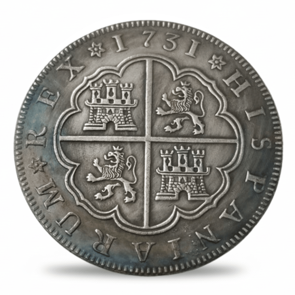 Spanish 1731 Philip V 8 Reales Piece of Eight replica coin obverse castle lion quartered shield colonial collectible available at One More Coin store
