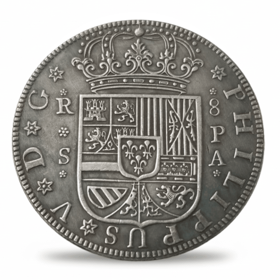 Spanish 1731 Philip V 8 Reales Piece of Eight reverse royal coat of arms Seville mint historical collectible coin token
