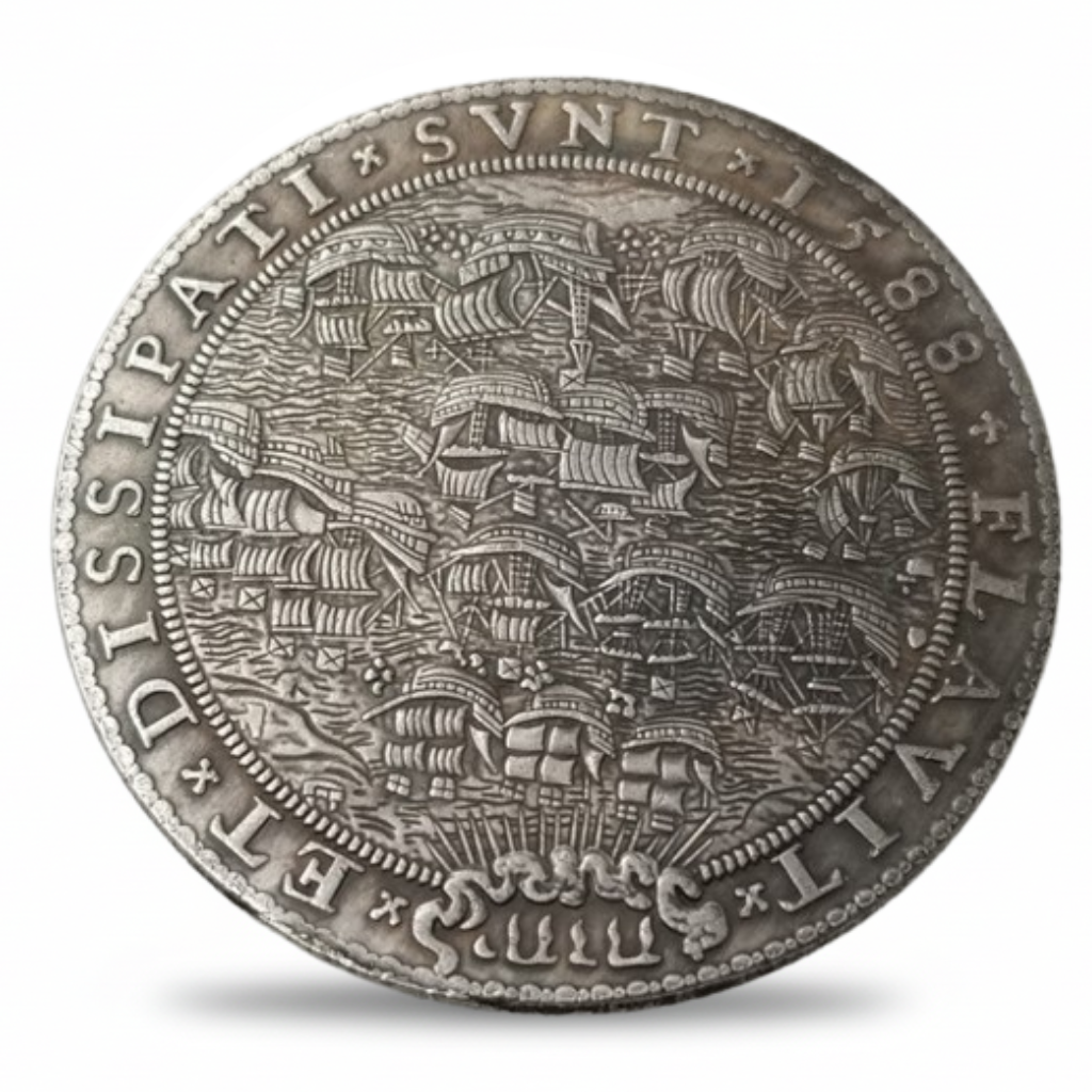 Spanish Armada 1588 Non Laedor Ali Dor commemorative collectible medal detail antique silver finish historical coin token
