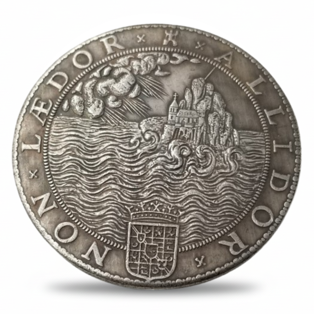Spanish Armada 1588 commemorative medal replica obverse island fortress stormy seas Tudor collectible coin available at One More Coin store
