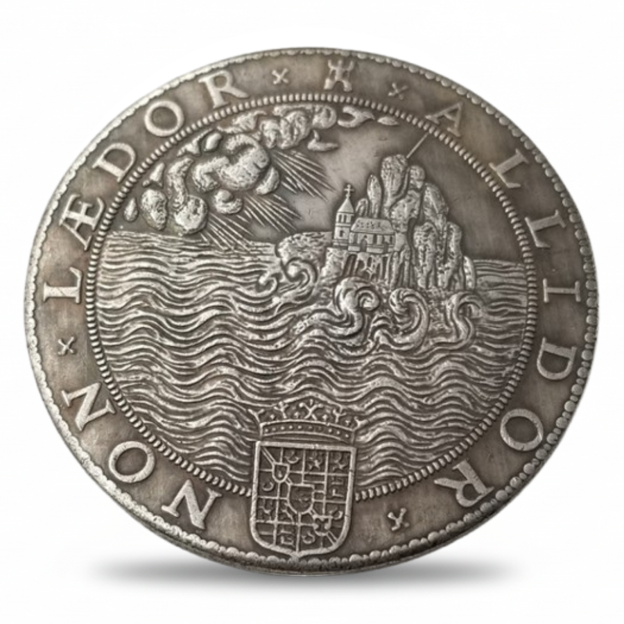 Spanish Armada 1588 commemorative medal replica obverse island fortress stormy seas Tudor collectible coin available at One More Coin store
