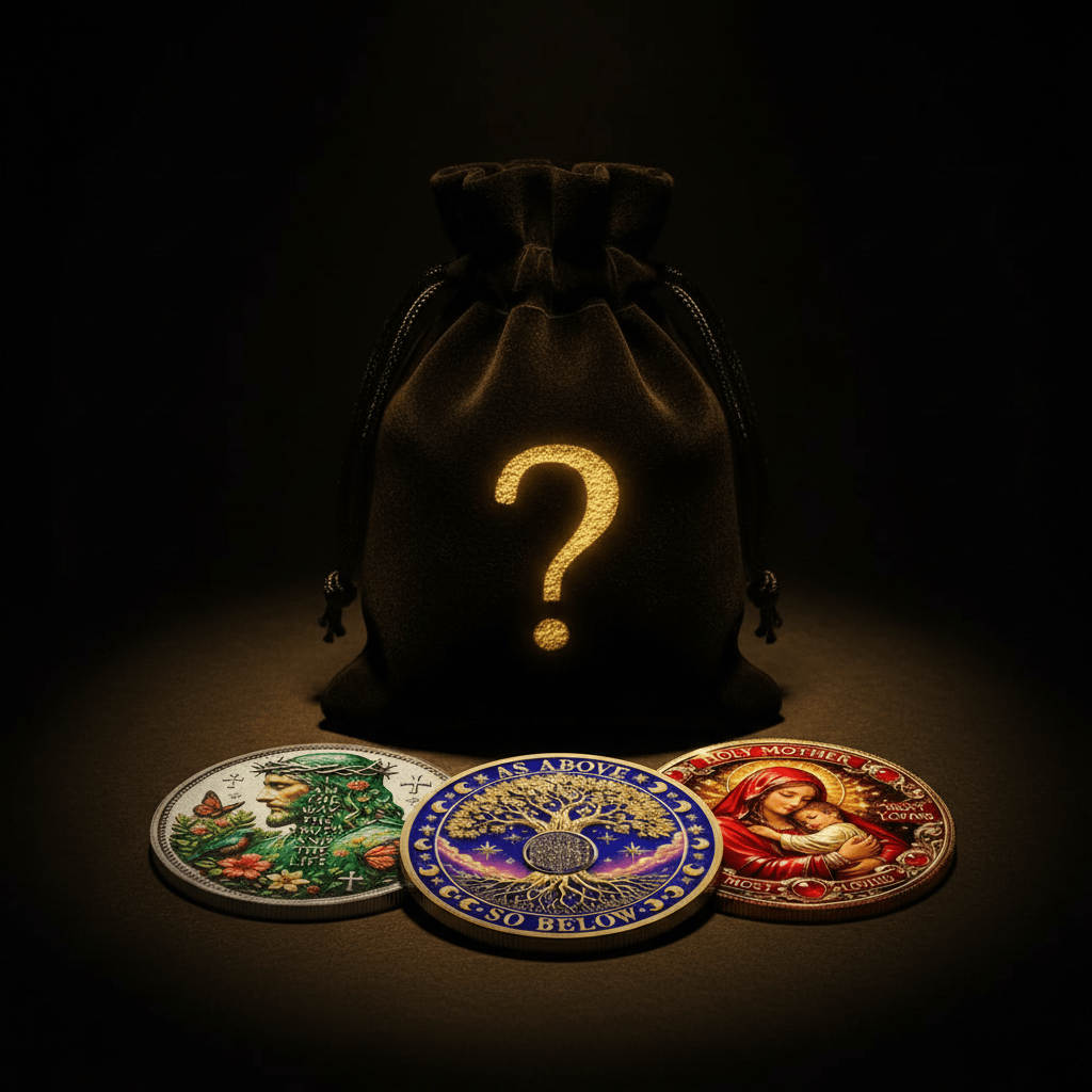 A black velvet drawstring pouch with a glowing gold question mark sits on a dark surface, with three colorful circular  coins arranged in front. The pouch and coins are lit by dramatic focused lighting against a black background.