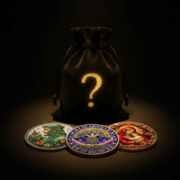 A black velvet drawstring pouch with a glowing gold question mark sits on a dark surface, with three colorful circular  coins arranged in front. The pouch and coins are lit by dramatic focused lighting against a black background.