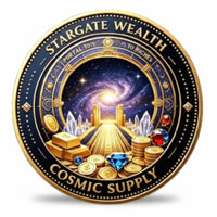 A round commemorative coin with a gold and black design, featuring a cosmic galaxy scene, gold bars, coins, and gemstones. The text reads 'STARGATE WEALTH' at the top and 'COSMIC SUPPLY' at the bottom.