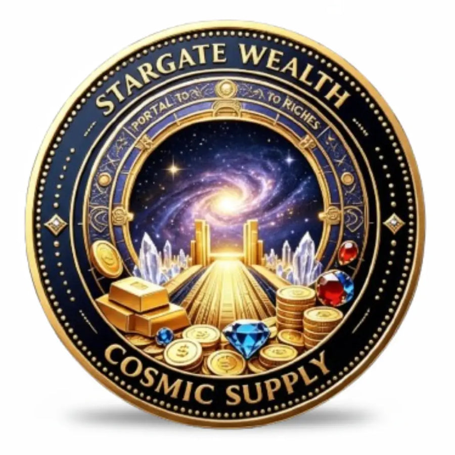 A round commemorative coin with a gold and black design, featuring a cosmic galaxy scene, gold bars, coins, and gemstones. The text reads 'STARGATE WEALTH' at the top and 'COSMIC SUPPLY' at the bottom.