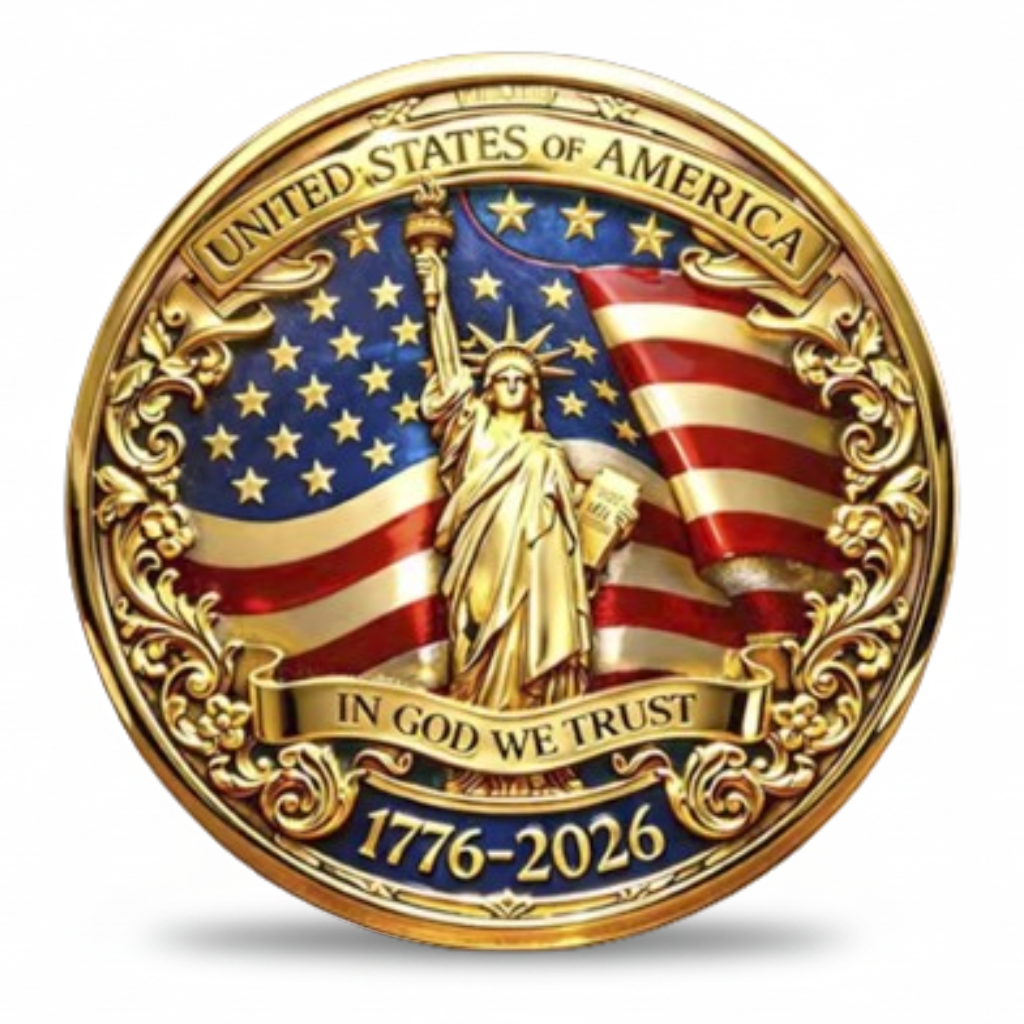 Statue of Liberty 250th anniversary 1776 2026 United States of America In God We Trust commemorative collectible coin gold enamel patriotic gift for collectors available at One More Coin store