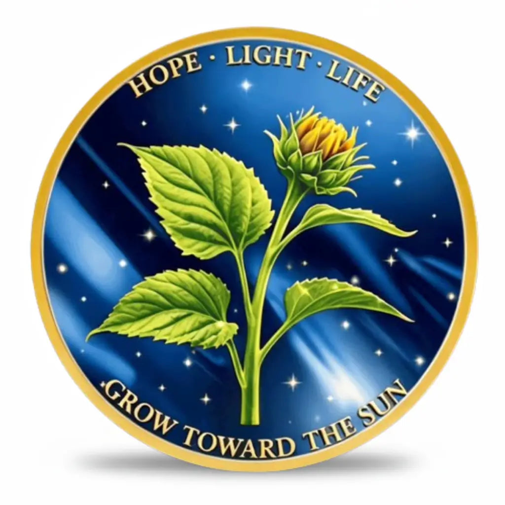 Sunflower coin reverse showing a partly opened yellow bud on a green stem with bright leaves, set against a deep blue background with stars and beams of light. Gold-tone lettering reads “HOPE · LIGHT · LIFE” and “GROW TOWARD THE SUN,” collectible token
