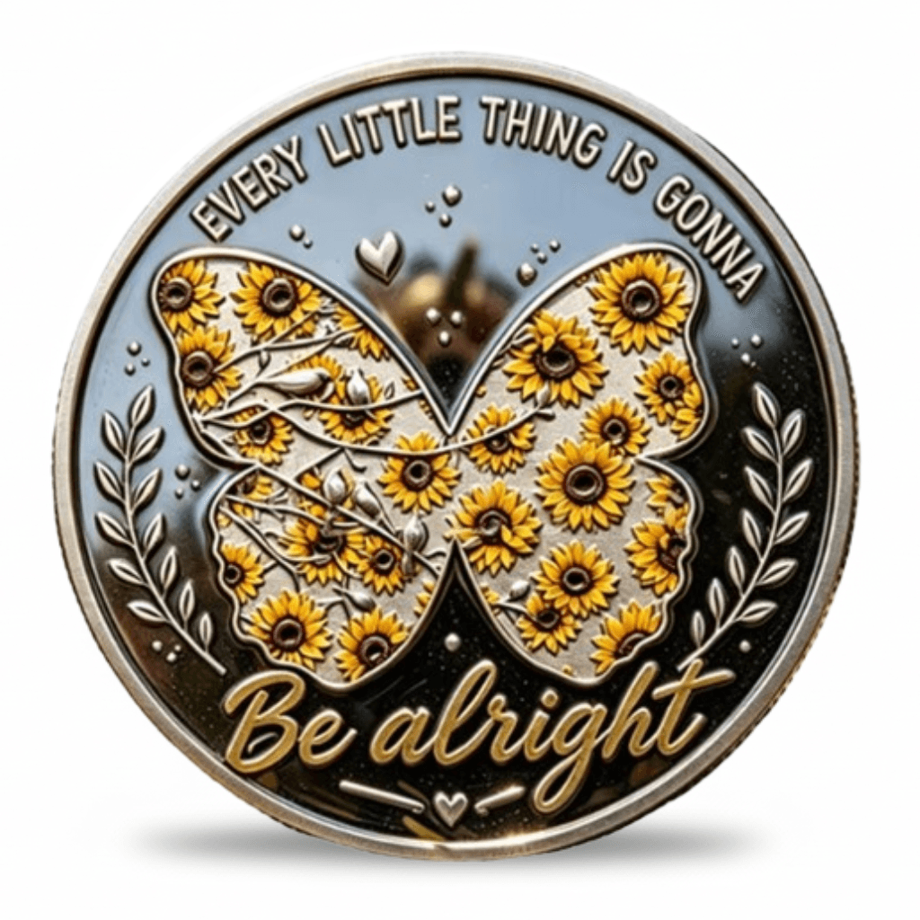 Sunflower butterfly challenge coin inscribed Every Little Thing Is Gonna Be Alright collectible coin token available at One More Coin store
