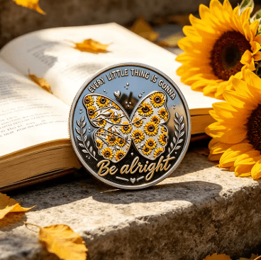 Butterfly-shaped coin with sunflower design on an open book with sunflowers around