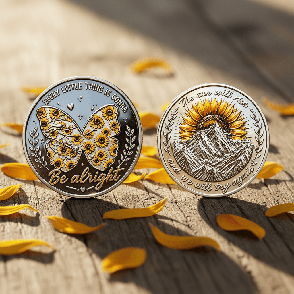 Sunflower butterfly and mountain sunrise challenge coin both sides displayed collectible token set
