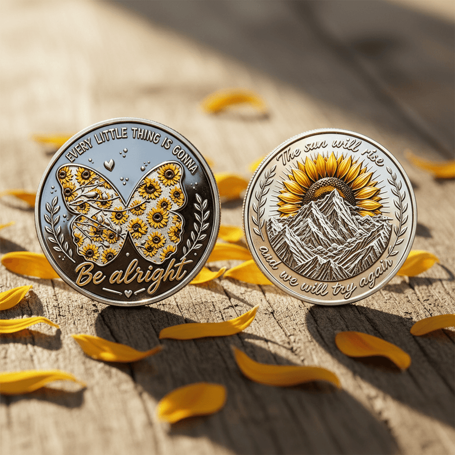 Sunflower butterfly and mountain sunrise challenge coin both sides displayed collectible token set
