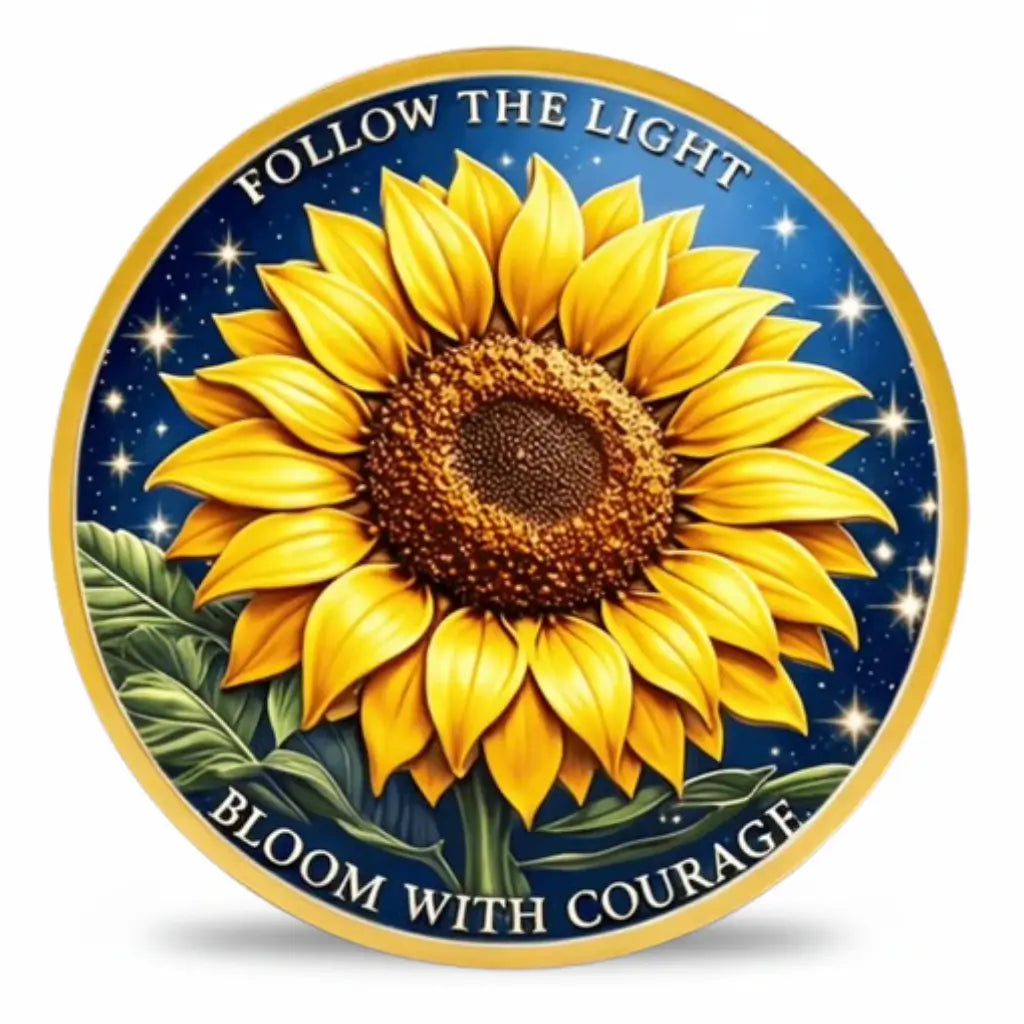 Sunflower coin with a gold-tone border, showing a fully opened yellow flower with a brown centre and green leaves against a star-filled blue background. White lettering reads “FOLLOW THE LIGHT” above and “BLOOM WITH COURAGE” below, available at One More Coin store