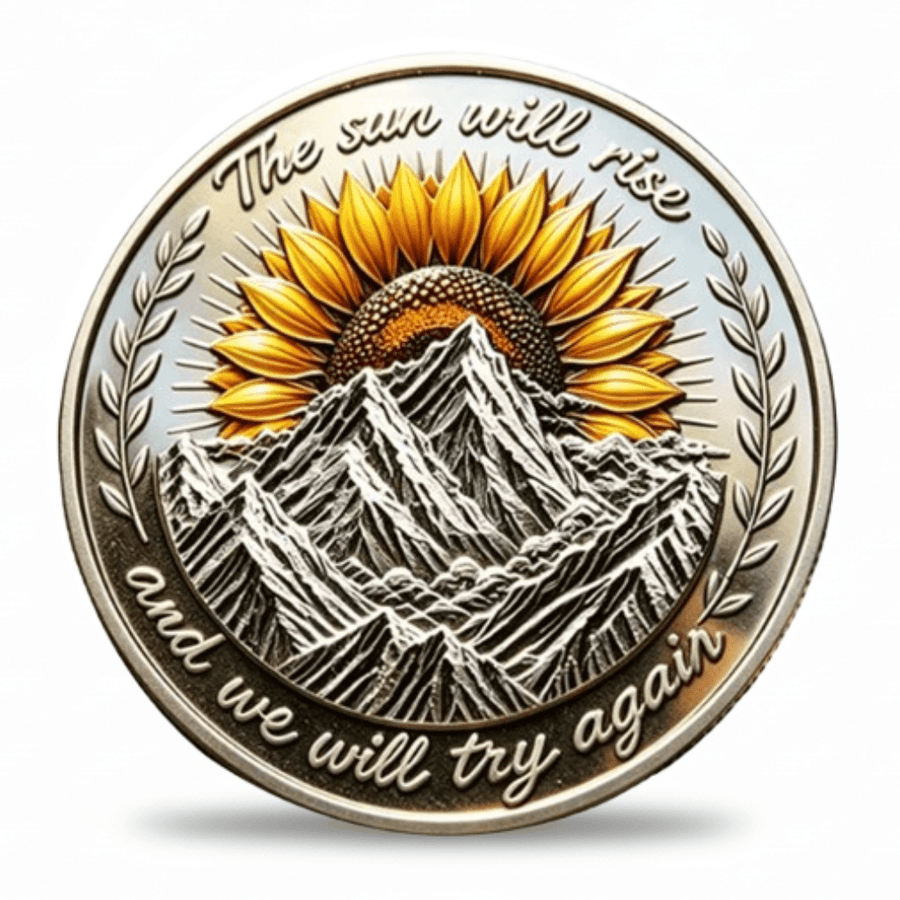 Mountain sunrise sunflower challenge coin inscribed The Sun Will Rise and We Will Try Again collectible token
