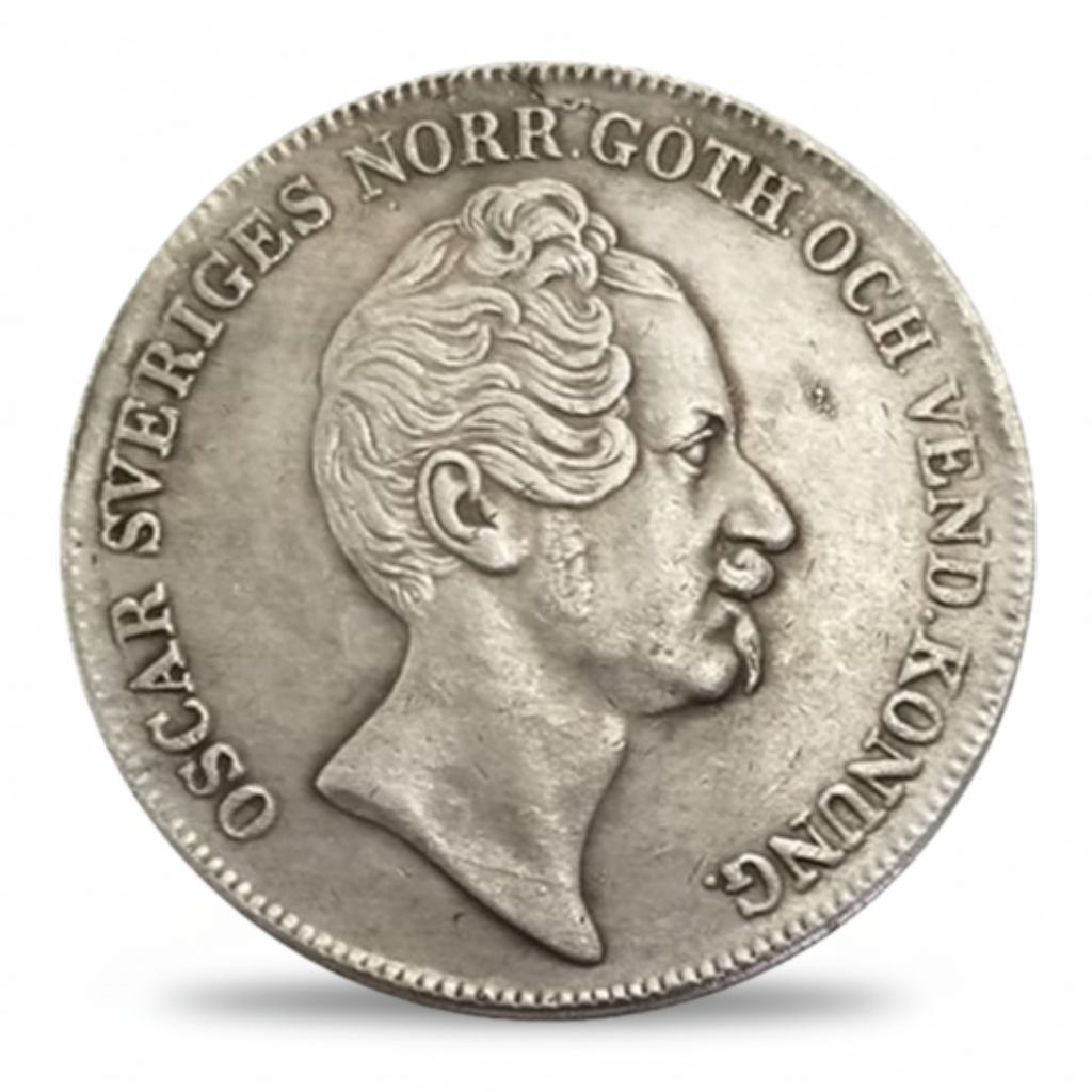 Swedish 1846 Riksdaler Specie King Oscar I replica coin obverse bare-headed royal portrait Scandinavian silver collectible available at One More Coin store
