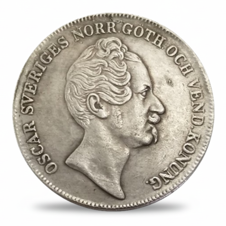 Swedish 1846 Riksdaler Specie King Oscar I replica coin obverse bare-headed royal portrait Scandinavian silver collectible available at One More Coin store

