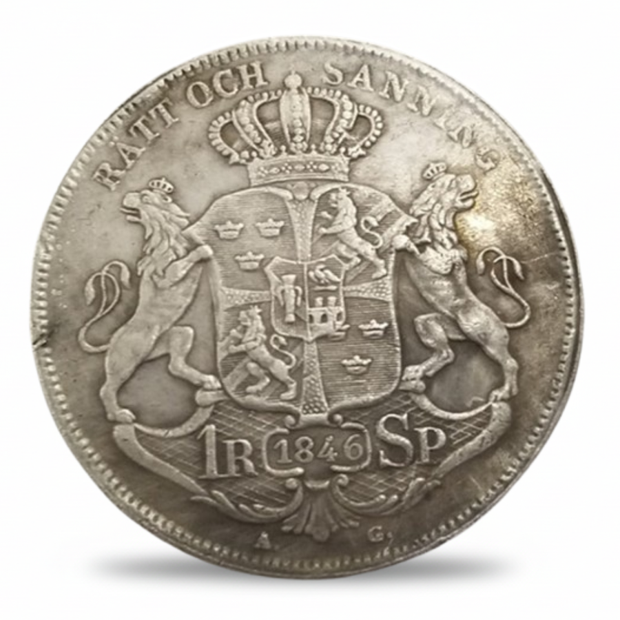 Swedish 1846 Riksdaler Specie Royal coat of arms rampant lions Rätt Och Sanning reverse Scandinavian historical collectible coin token
