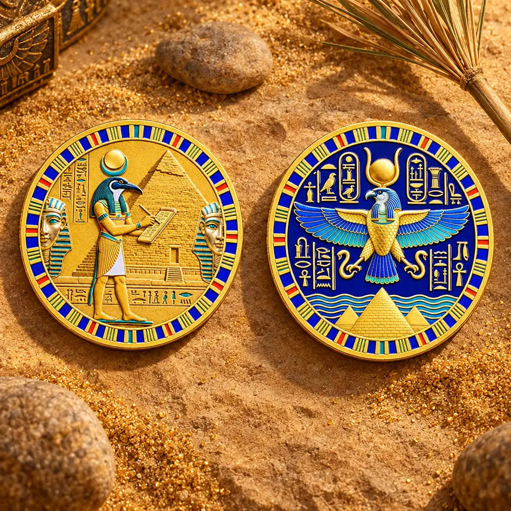 Two round Egyptian-themed coins displayed on sandy ground with rocks and a small decorative box nearby. One piece shows a gold-toned figure with blue and red accents, and the other shows a blue and gold winged figure with hieroglyphic details.