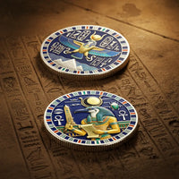 Thoth and Horus Egyptian gods collectible coin both sides blue enamel multicolour stripe border silver reeded edge ancient Egypt mythology collectible token display
