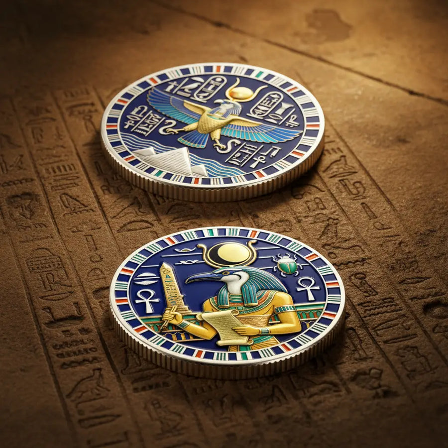 Thoth and Horus Egyptian gods collectible coin both sides blue enamel multicolour stripe border silver reeded edge ancient Egypt mythology collectible token display