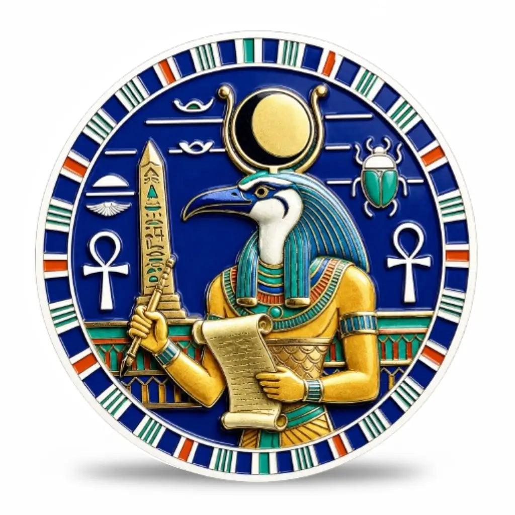 Thoth ibis head Egyptian god scribe obelisk papyrus scroll moon disc ankh scarab hieroglyphics blue enamel mythology collectible coin available at One More Coin store