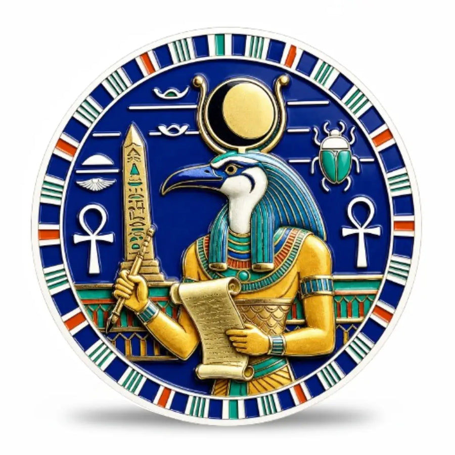 Thoth ibis head Egyptian god scribe obelisk papyrus scroll moon disc ankh scarab hieroglyphics blue enamel mythology collectible coin available at One More Coin store