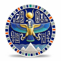 Horus winged falcon Egyptian sky god sun disc uraeus serpents pyramids Nile hieroglyphic cartouches blue enamel mythology collectible token
