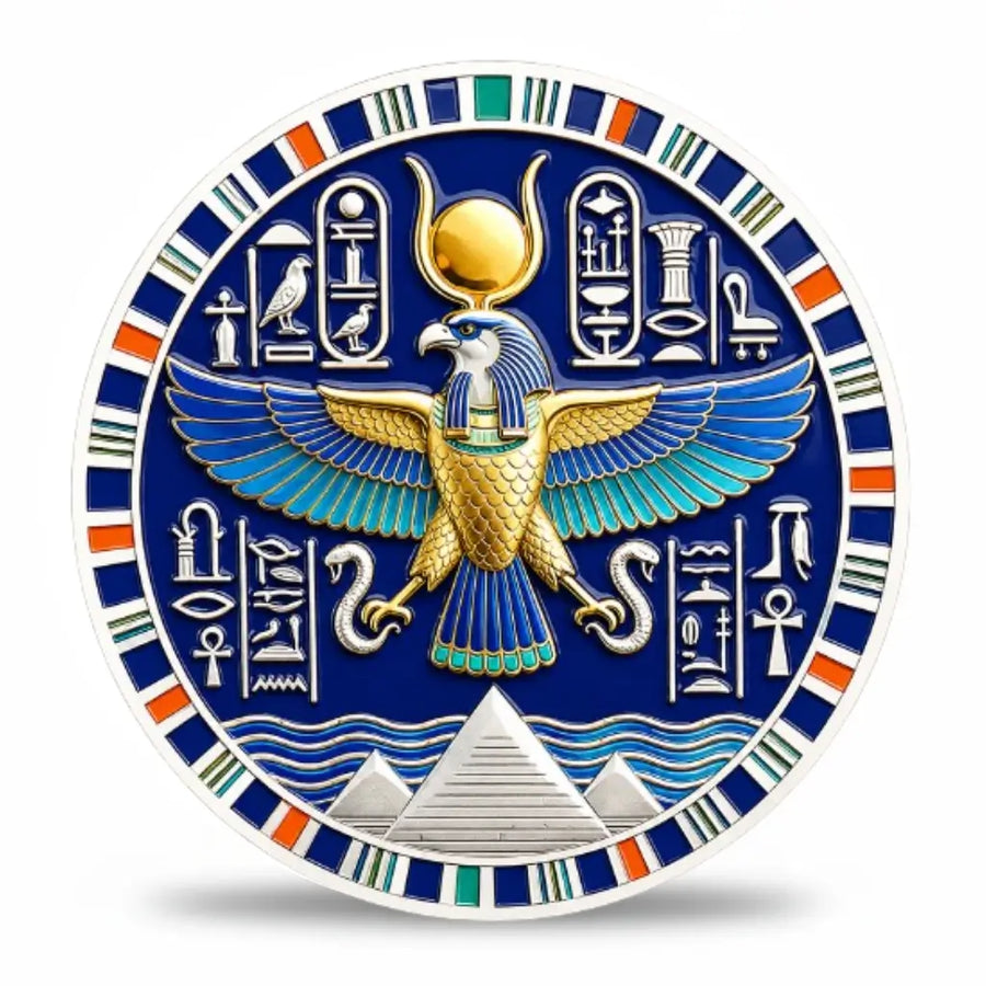 Horus winged falcon Egyptian sky god sun disc uraeus serpents pyramids Nile hieroglyphic cartouches blue enamel mythology collectible token

