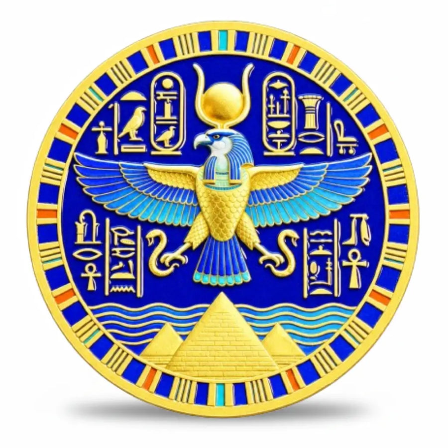 Thoth Horus Egyptian Gods coin reverse winged falcon Horus solar disc uraeus serpents royal cartouches Nile waves Giza pyramids hieroglyphic panels cobalt blue enamel ancient Egypt mythology collectible token
