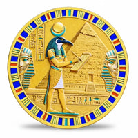 Thoth Horus Egyptian Gods coin front face ibis-headed god Thoth papyrus scroll Great Pyramid pharaoh masks hieroglyphs gold enamel Egyptian frieze border ancient Egypt mythology collectible available at One More Coin store
